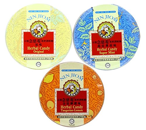 Nin Jiom mint herbal candy tin showing refreshing flavor and portability.