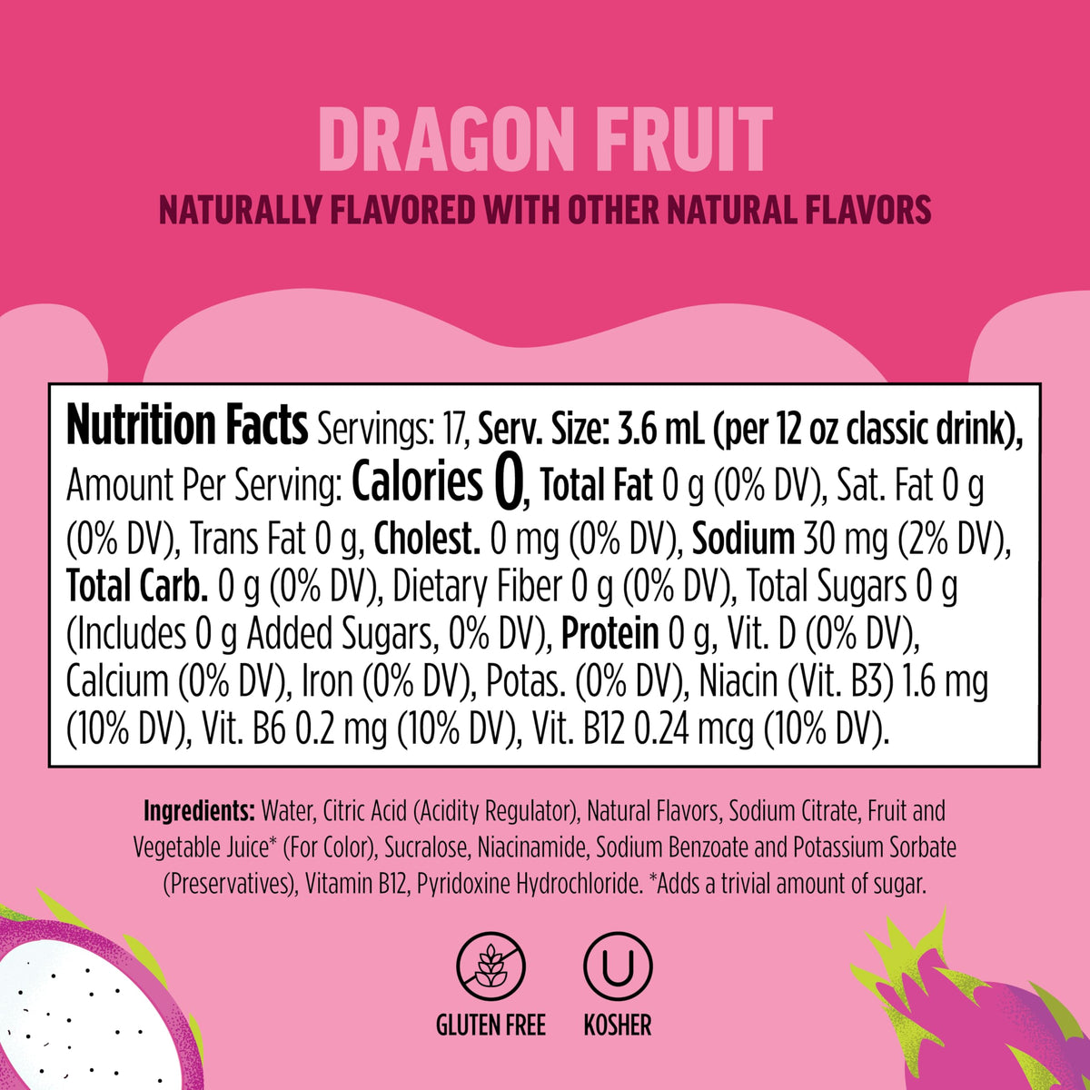 Drops on ice ready to flavor a cold drink with Dragon Fruit notes.