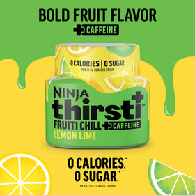 Ninja Thirsti FRUITI CHILL+ Lemon Lime drops package emphasizes caffeine boost