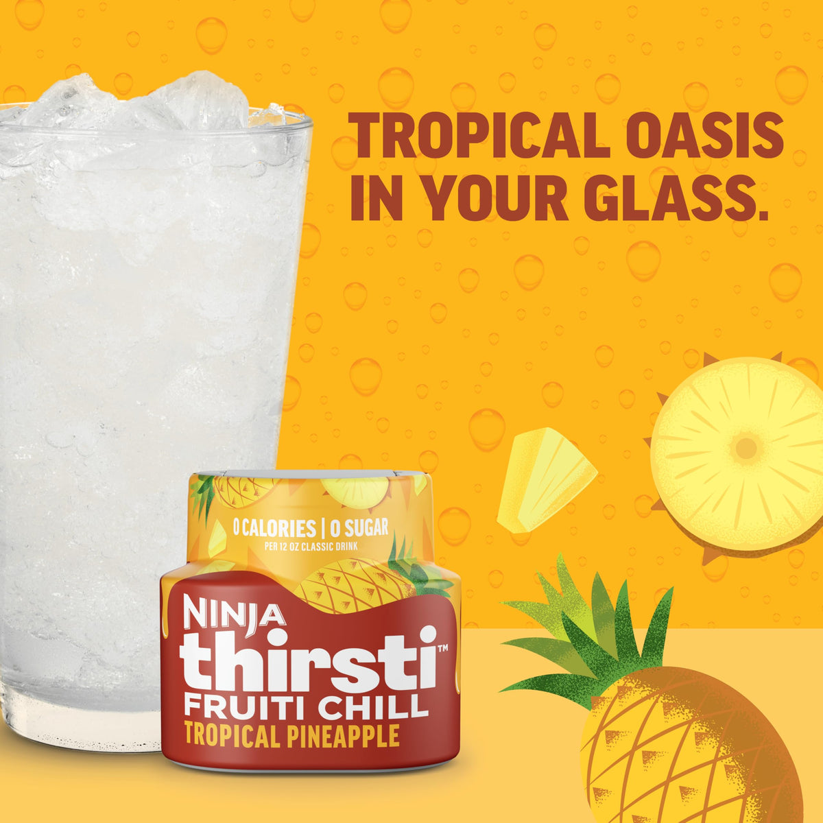 Ninja Thirsti FRUITI CHILL Water Drops sparkling water in a tall glass.