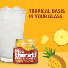 Ninja Thirsti FRUITI CHILL Water Drops sparkling water in a tall glass.