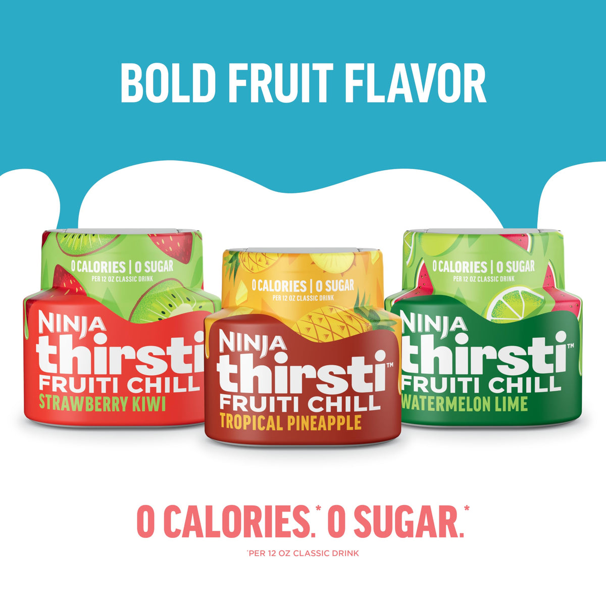 Ninja Thirsti FRUITI CHILL Water Drops Strawberry Kiwi glass with vibrant flavor and color.