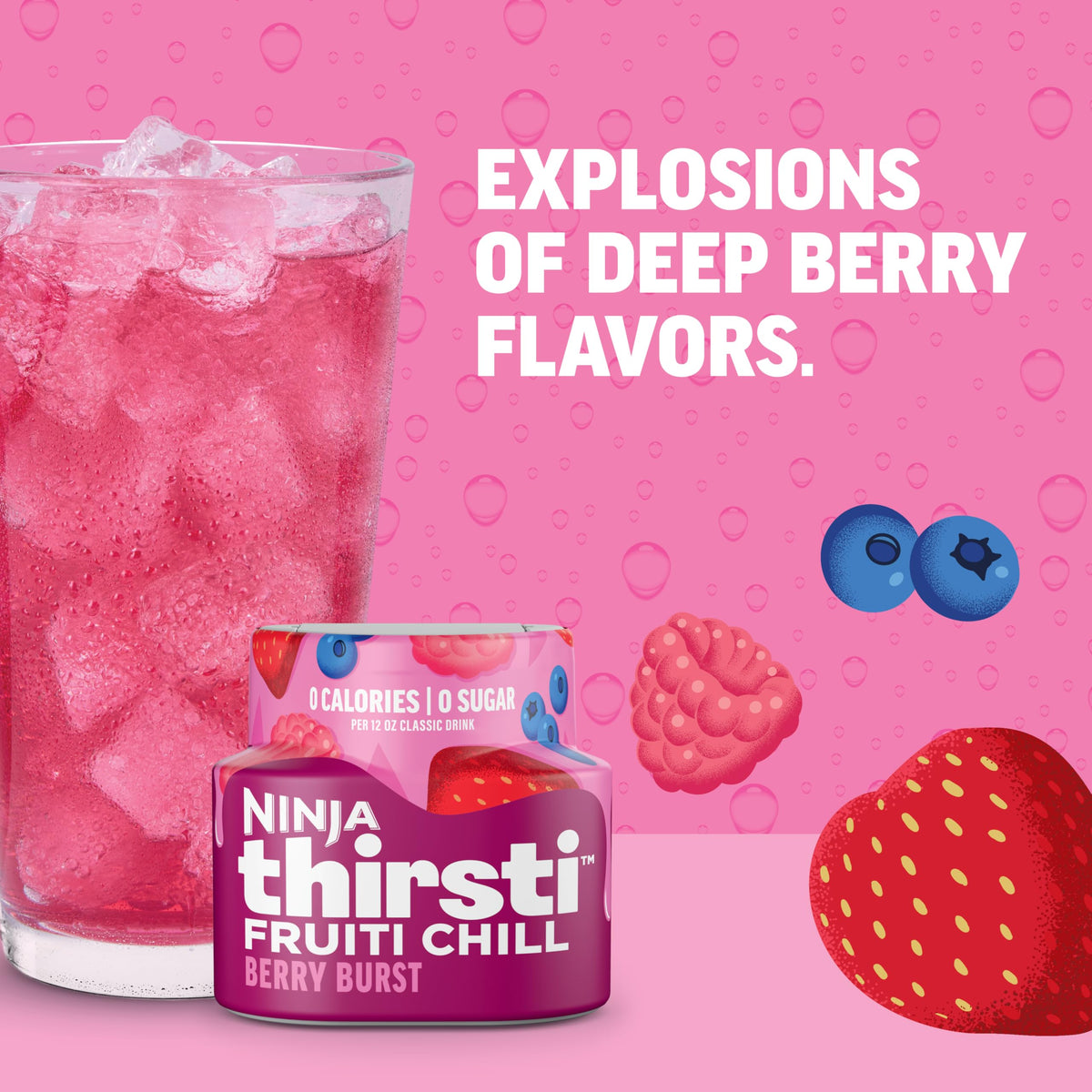 Chilled glass of Ninja Thirsti Frutti Chill Berry Burst ready to sip.