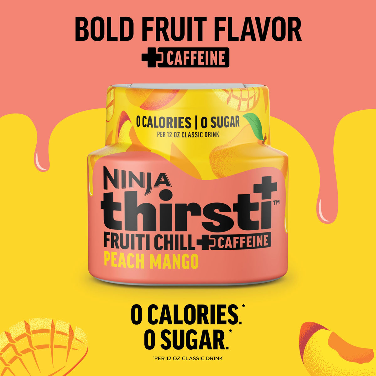 Ninja Thirsti Frutti Chill Peach Mango bottle on fridge shelf with zero calories.