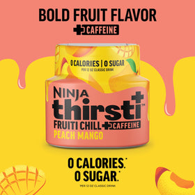 Ninja Thirsti Frutti Chill Peach Mango bottle on fridge shelf with zero calories.