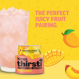 Ninja Thirsti Frutti Chill Peach Mango label close-up highlighting caffeine.