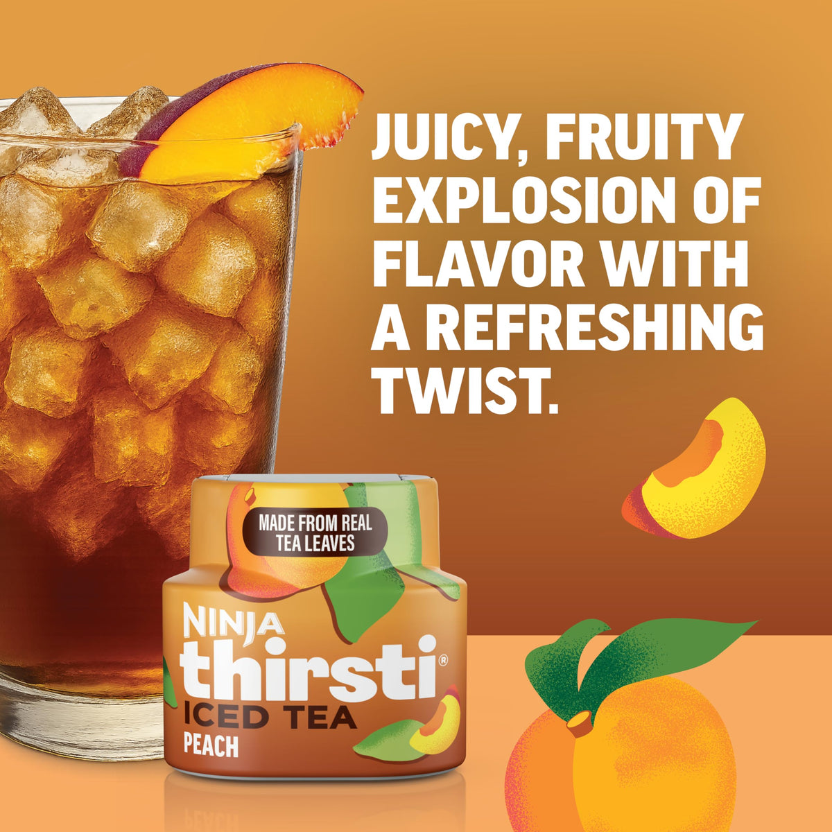 Ninja Thirsti ICED TEA Peach drops in a glass showing a sparkling beverage