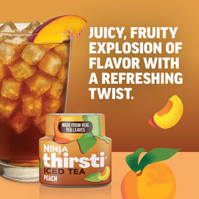 Ninja Thirsti ICED TEA Peach drops in a glass showing a sparkling beverage