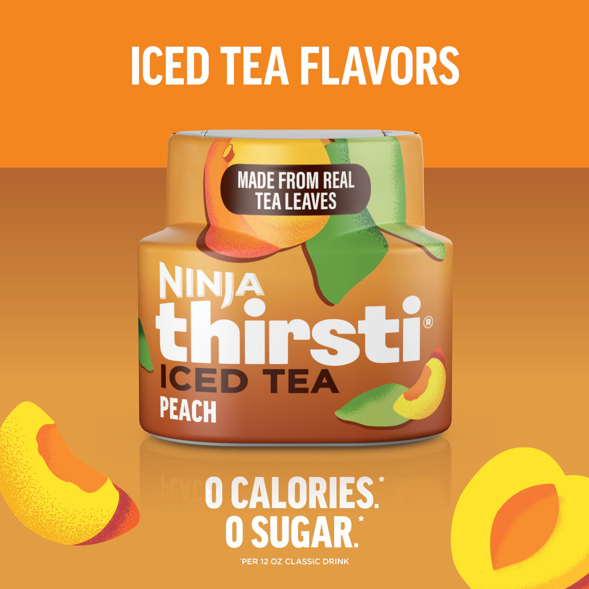 Ninja Thirsti ICED TEA Peach drops pouring into a glass of water for flavor