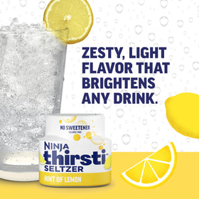 Ninja Thirsti Seltzer Lemon closeup highlights crisp flavor and hydration without sugar.