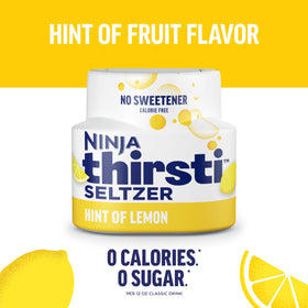 Ninja Thirsti Seltzer Lemon glass with bubbles emphasizes light, fruity refreshment.