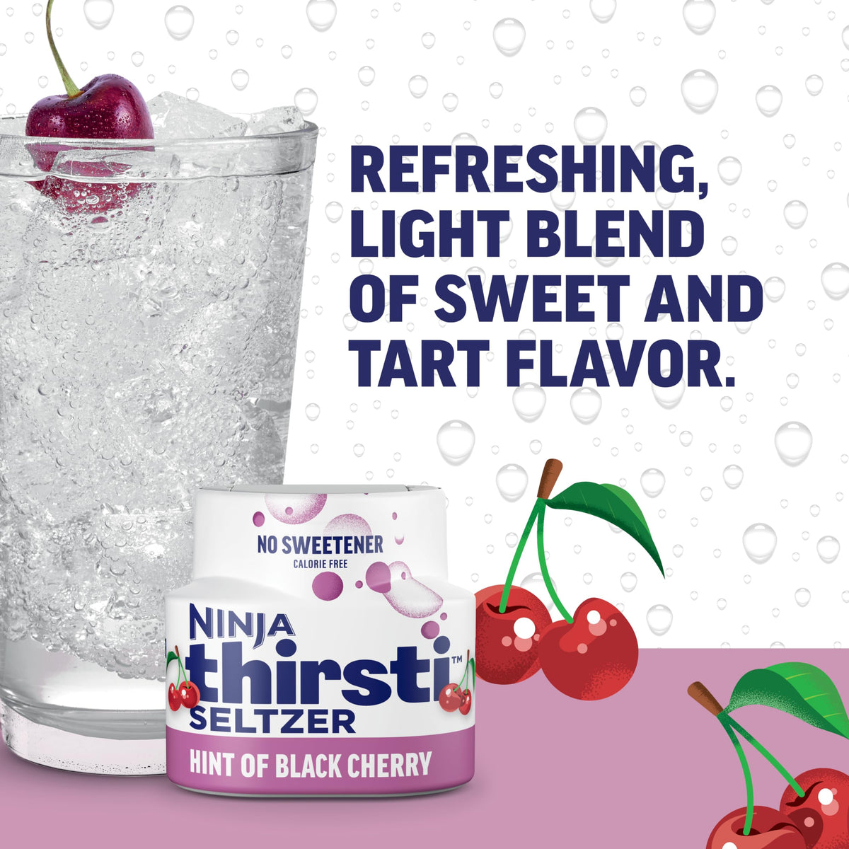 Ninja Thirsti Splash Black Cherry poured into glass, refreshing zero calories
