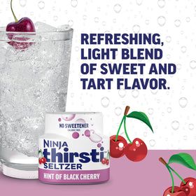 Ninja Thirsti Splash Black Cherry poured into glass, refreshing zero calories