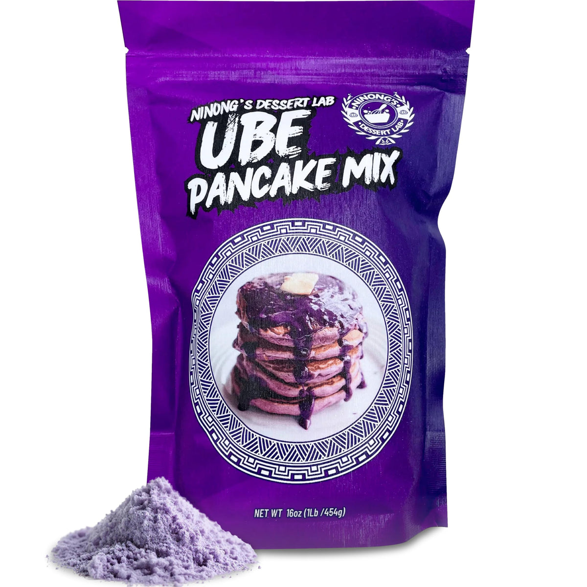 Ninong's Dessert Lab Ube Pancake Mix bag, ready to cook fluffy purple pancakes.