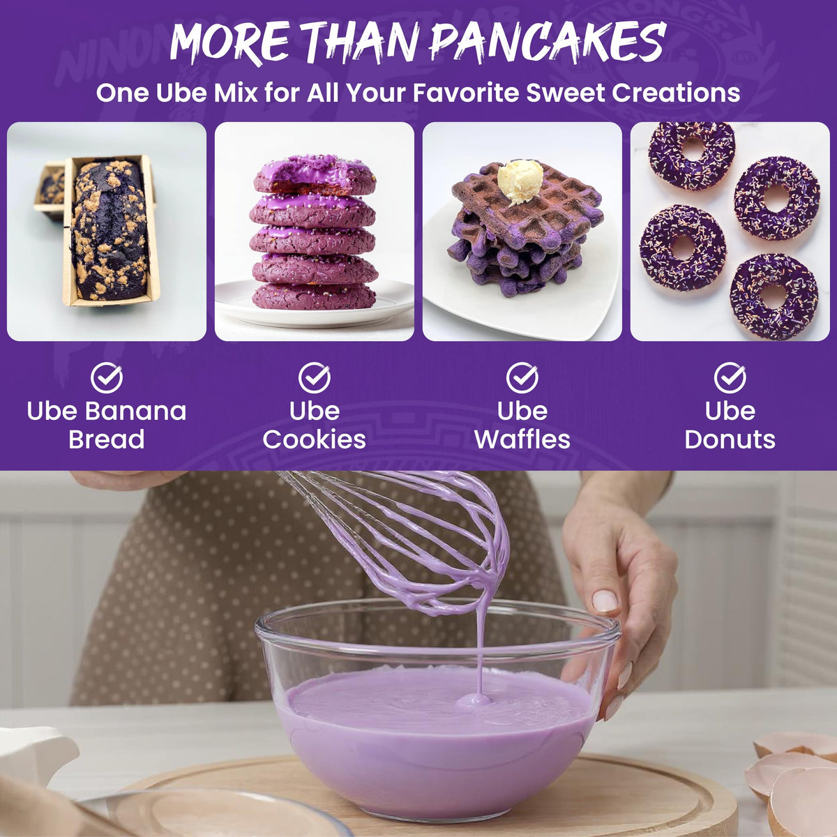 Ninong's Dessert Lab Ube pancake mix for delicate crepes with purple hue.