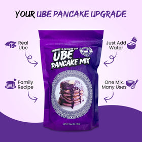 Ninong's Dessert Lab Ube pancake mix being poured for vibrant batter.