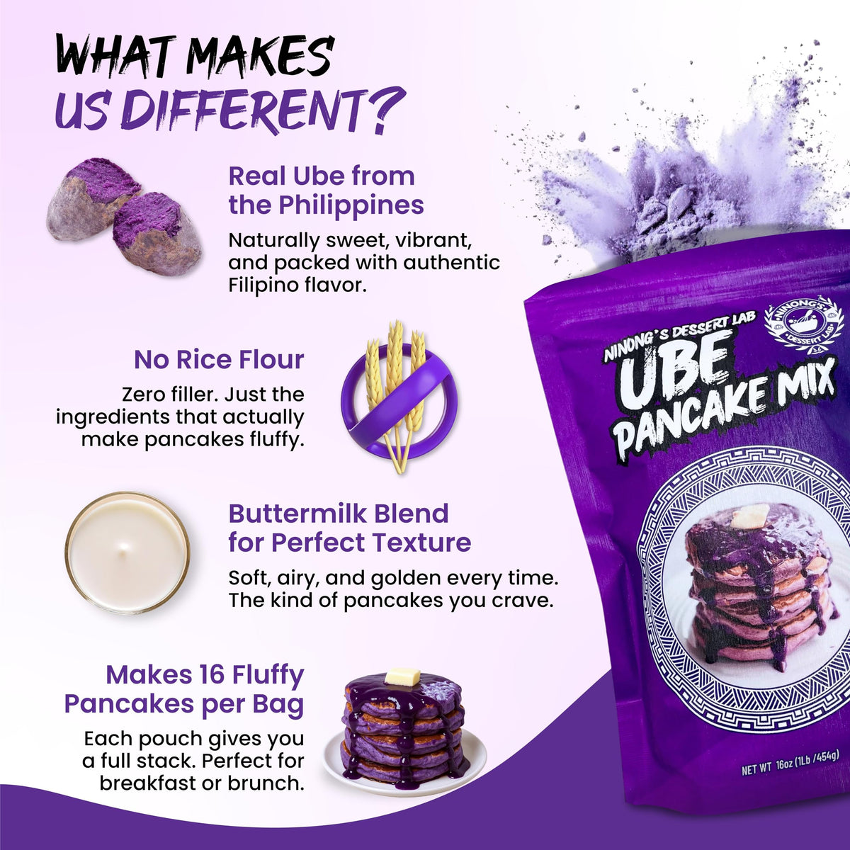 Ninong's Dessert Lab Ube pancake stack of fluffy purple pancakes.