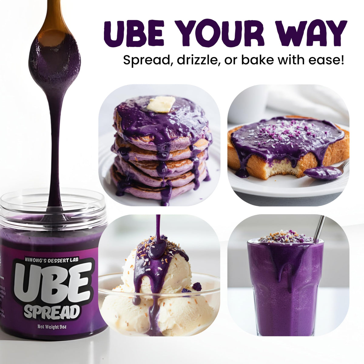 Ninong's Dessert Lab Ube Spread ice cream topping, enhances creaminess and color.
