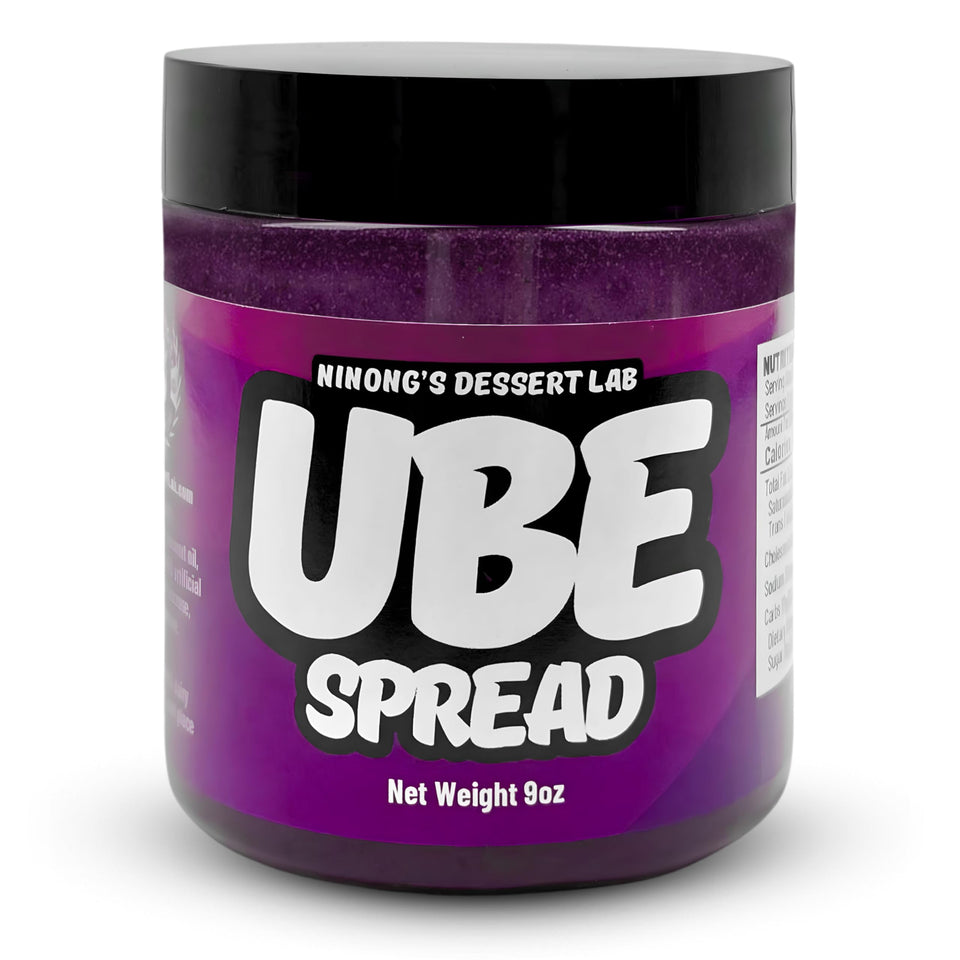 Ninong's Dessert Lab Ube Spread jar closeup, smooth texture, ideal for spreading on toast.
