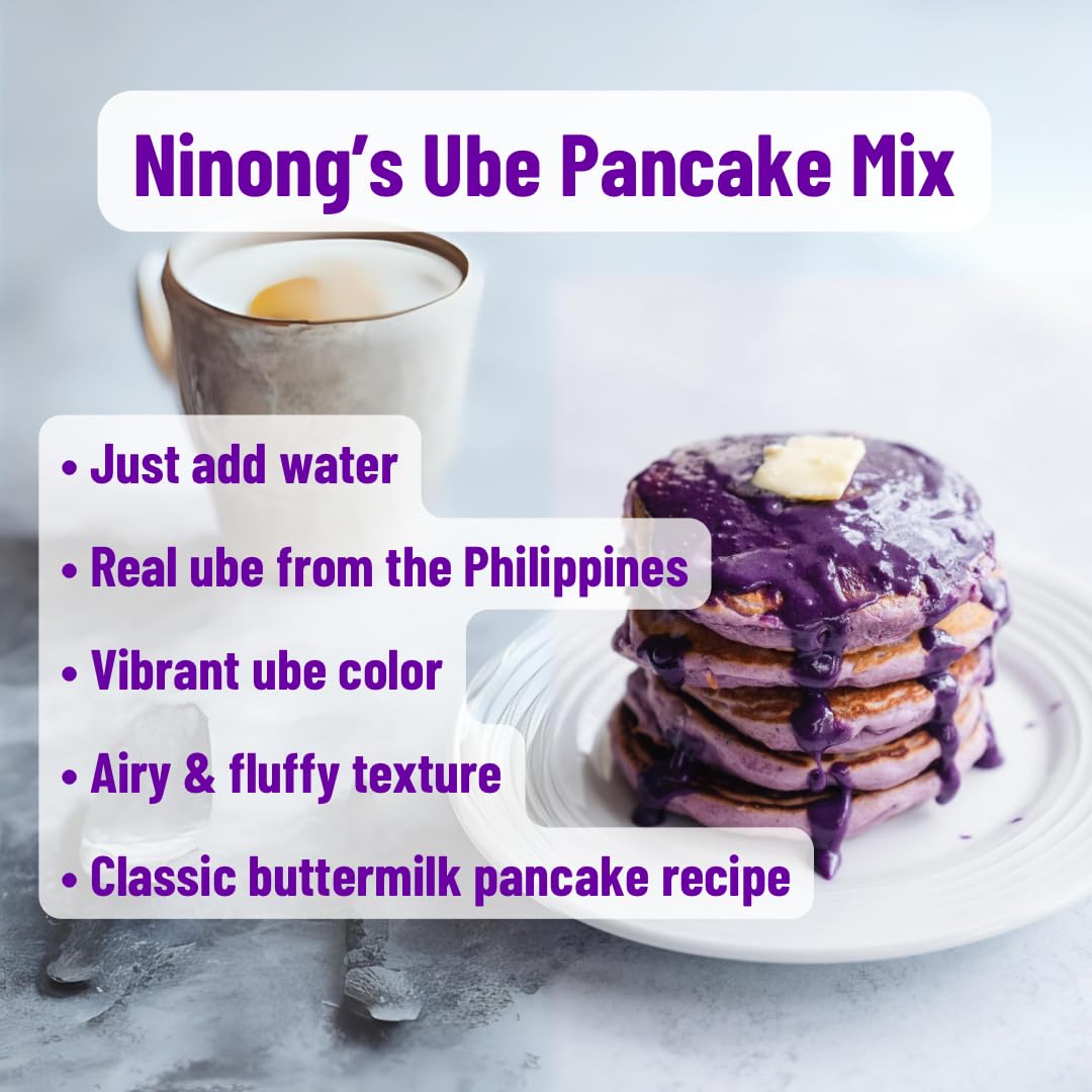 Fluffy Ninong’s Ube Pancake Mix pancakes stacked on a plate.