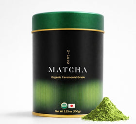 Nippon Matcha ceremonial-grade powder in a tin, ideal for traditional whisked tea at home