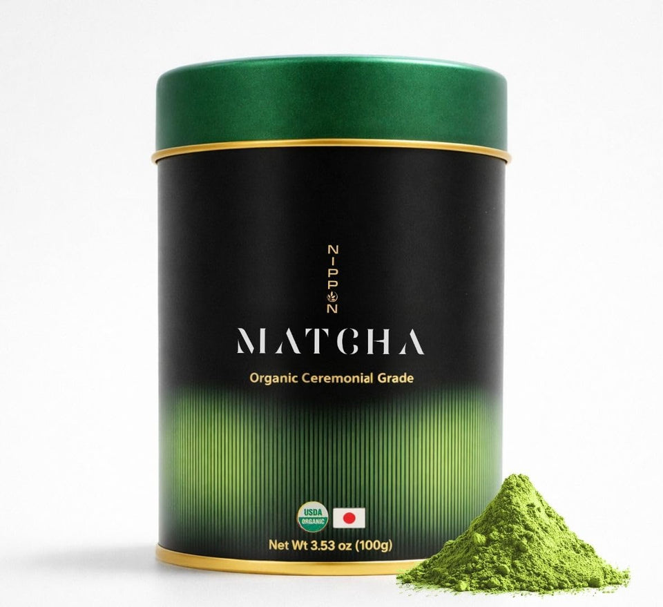Nippon Matcha ceremonial-grade powder in a tin, ideal for traditional whisked tea at home