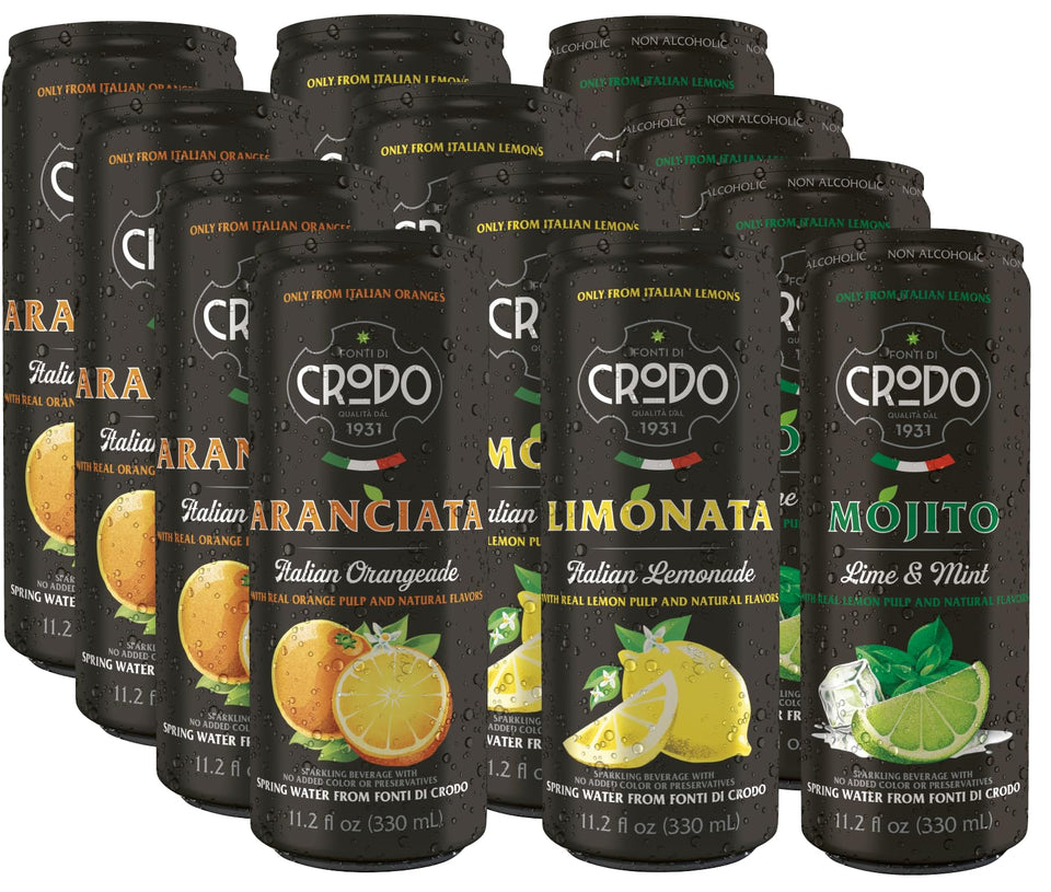 Niro Fonti di Crodo 12-cans assortment with lemon, mojito and aranciata for at-home refreshing tasting.