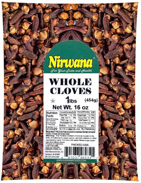 Nirwana Cloves Whole in a 16oz pouch delivering bold aroma for curries and stews.