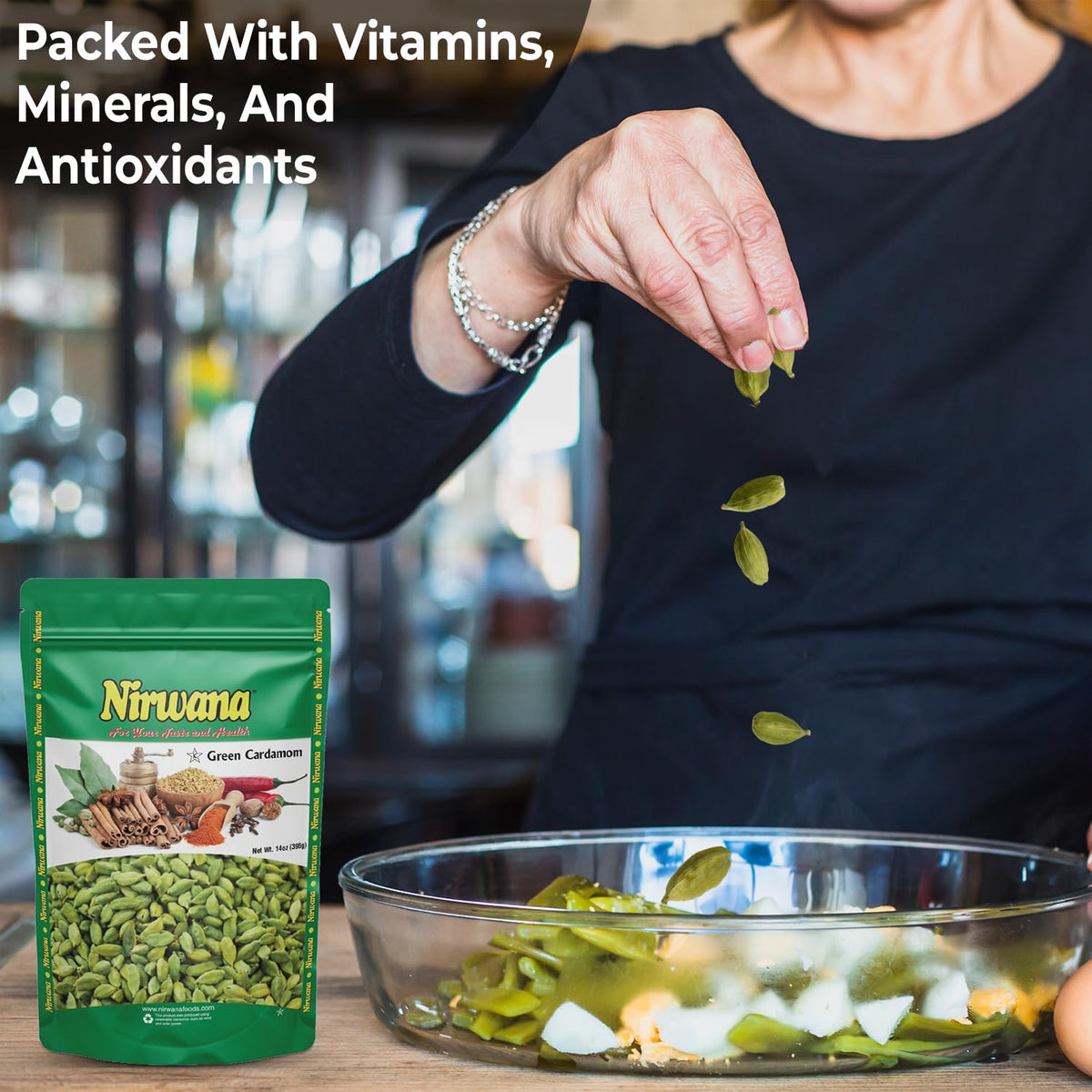 Nirwana green cardamom pods enhancing curry and rice dishes