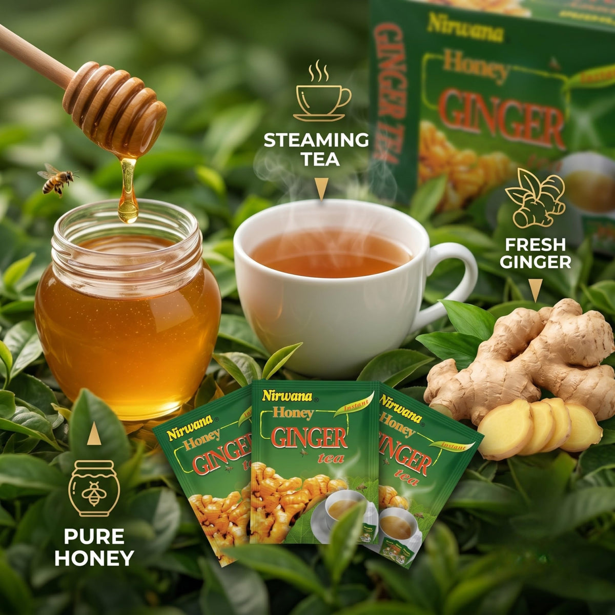 Nirwana Honey Ginger Tea aroma close-up shows natural sweetness and spice.