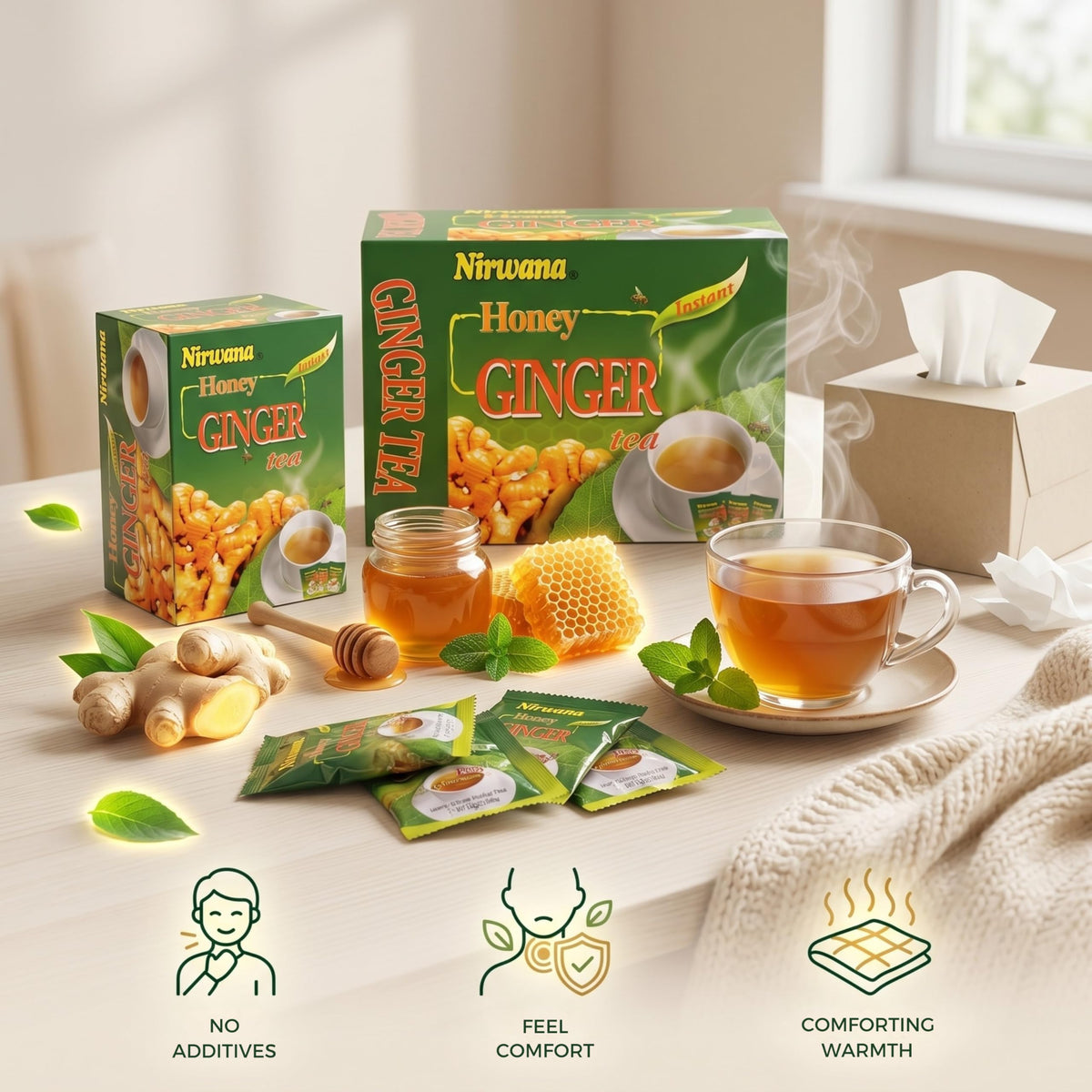Nirwana Honey Ginger Tea brewed glass reveals rich amber infusion.
