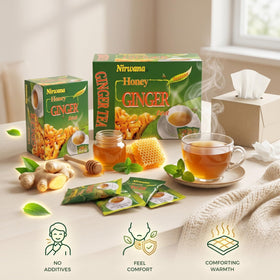 Nirwana Honey Ginger Tea brewed glass reveals rich amber infusion.
