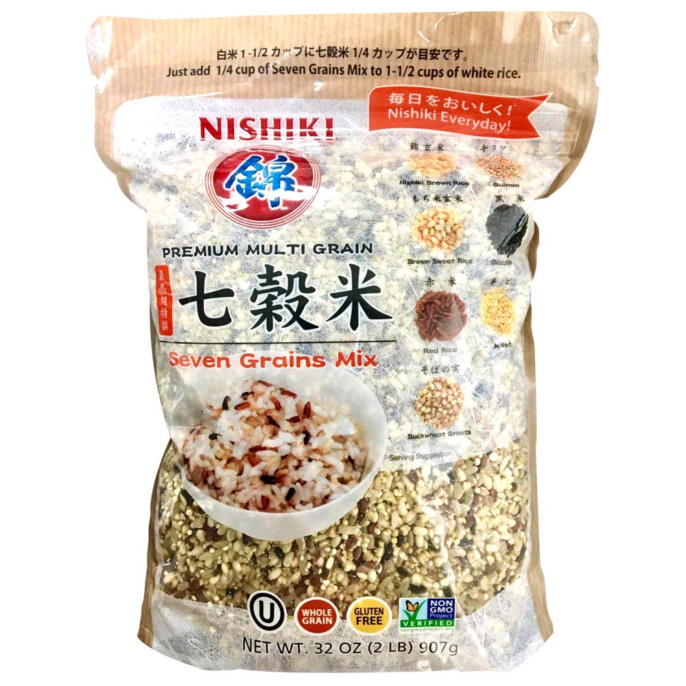 Nishiki Premium 7 Grains Mix bag front showing gluten-free, non-GMO blend.