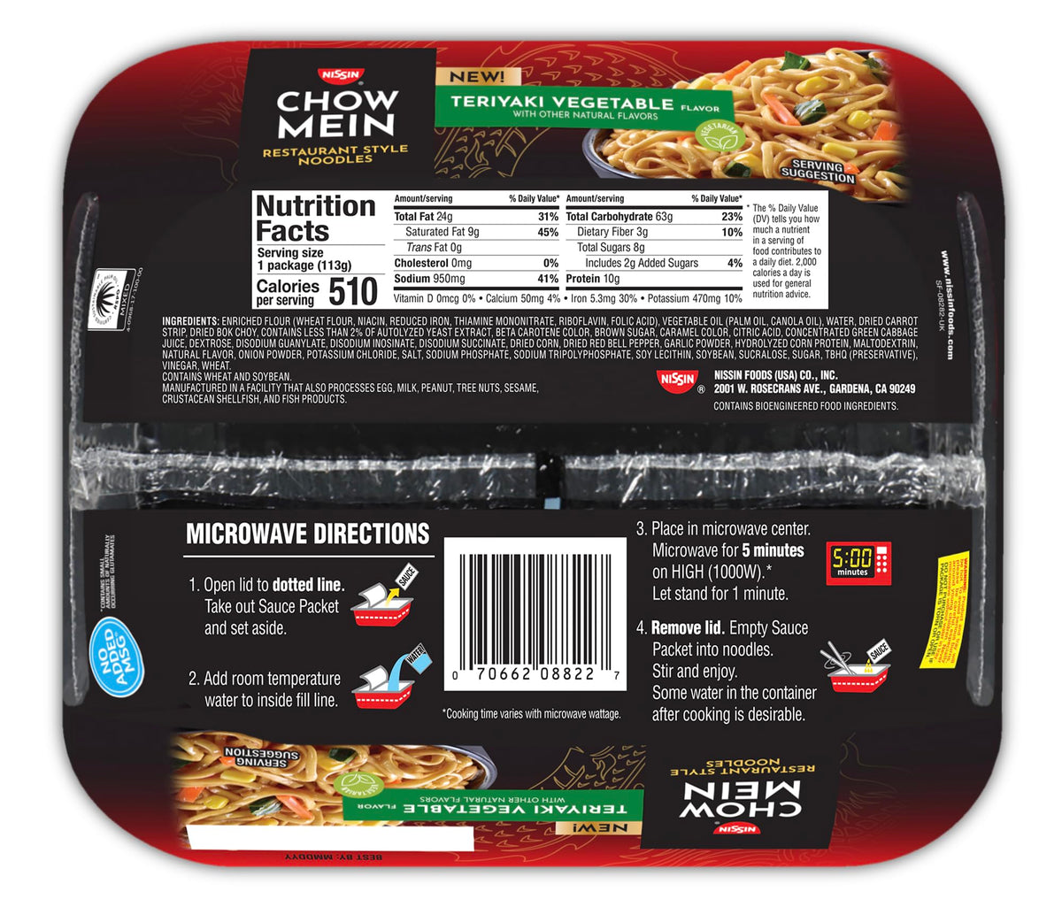 Nissin Chow Mein Teriyaki Vegetable noodles in a microwave tray