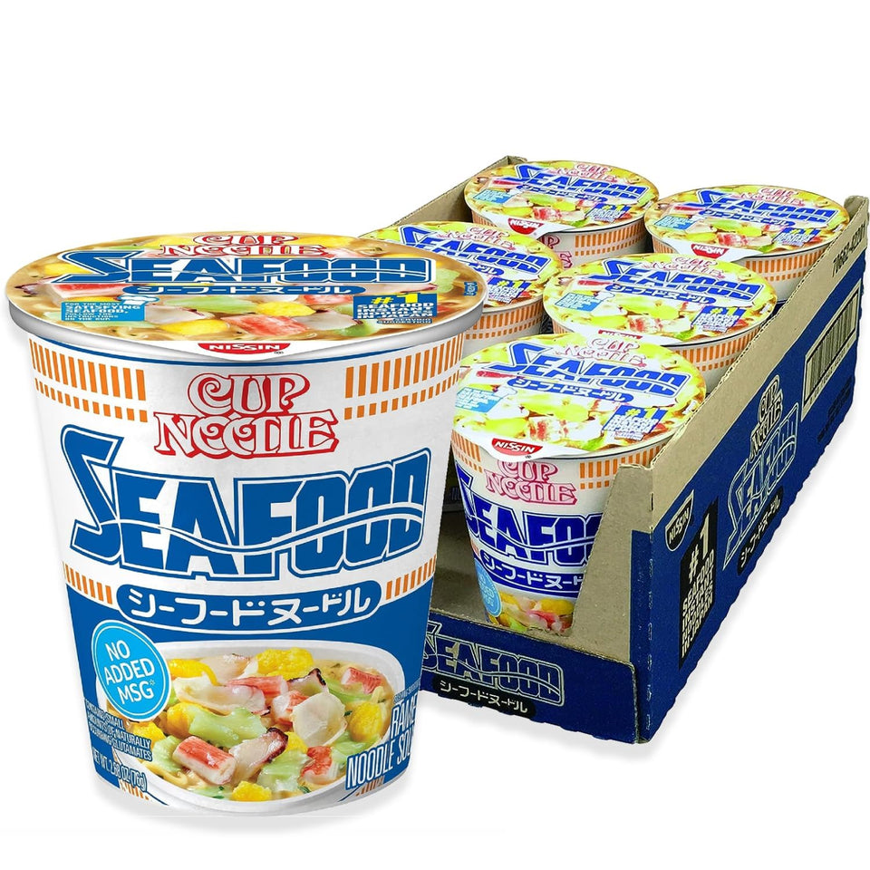Nissin Cup Noodles Seafood cup front showcases a quick, satisfying meal option.