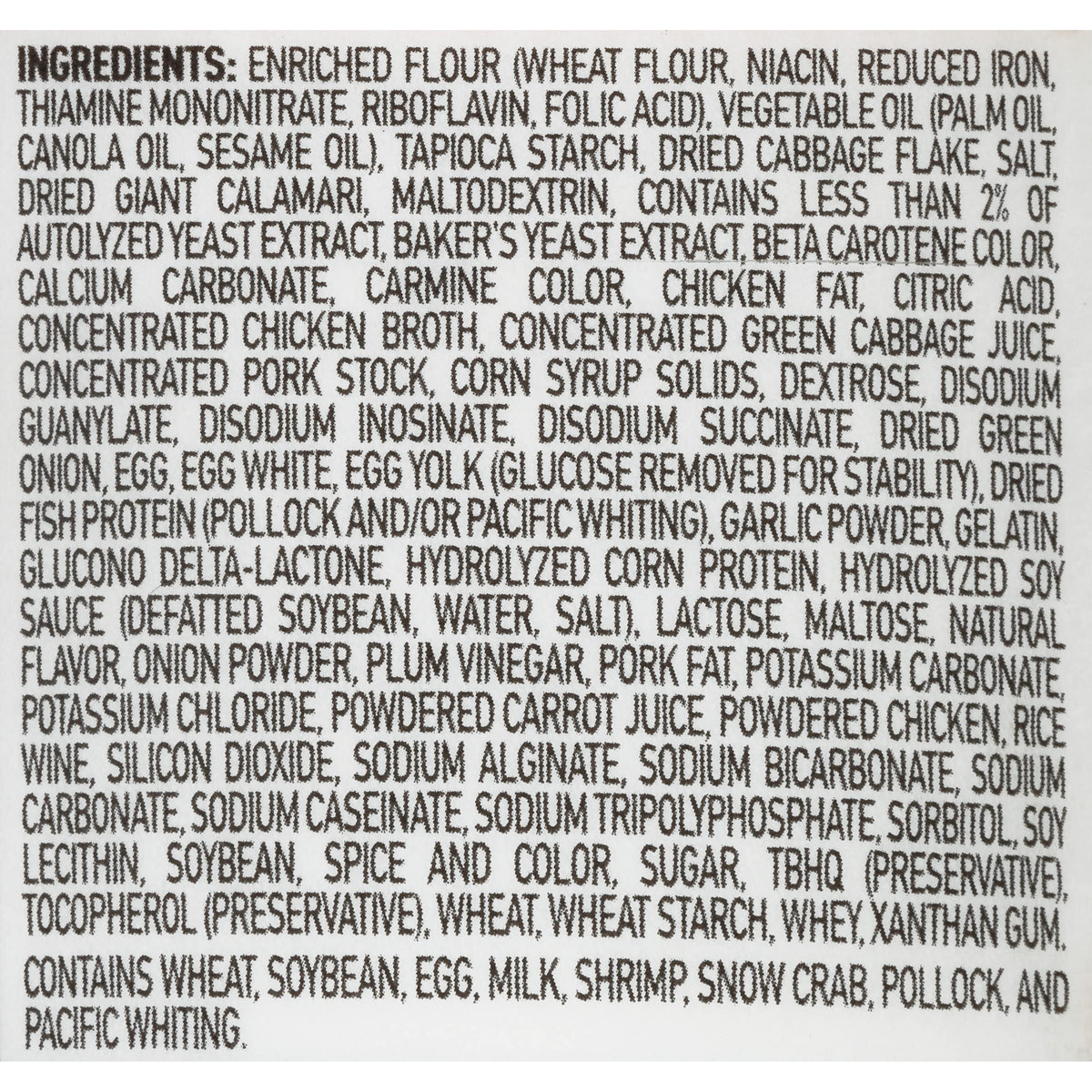 Nissin Cup Noodles Seafood ingredients image shows calamari and eggs for a hearty flavor mix.