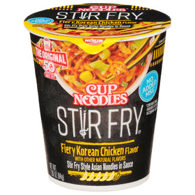 Nissin Cup Noodles Stir Fry Fiery Chicken cup ready for microwave quick meals.