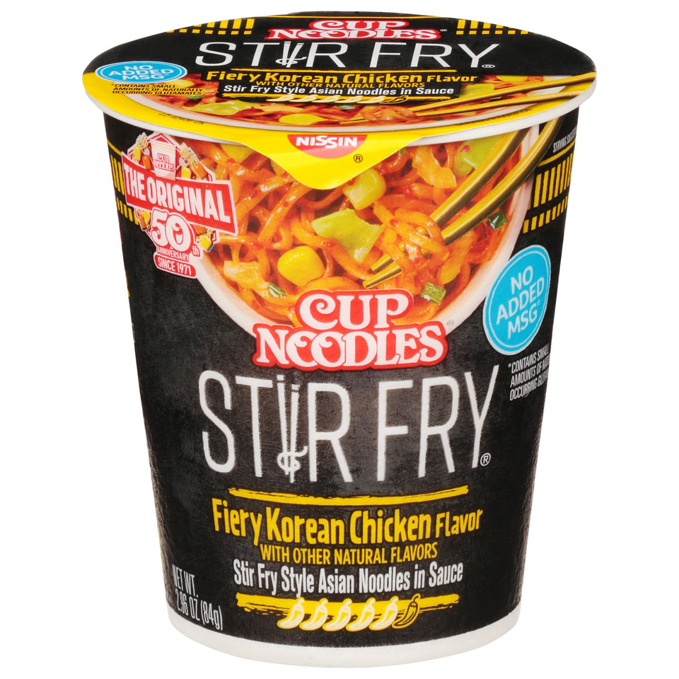 Nissin Cup Noodles Stir Fry Fiery Chicken cup ready for microwave quick meals.