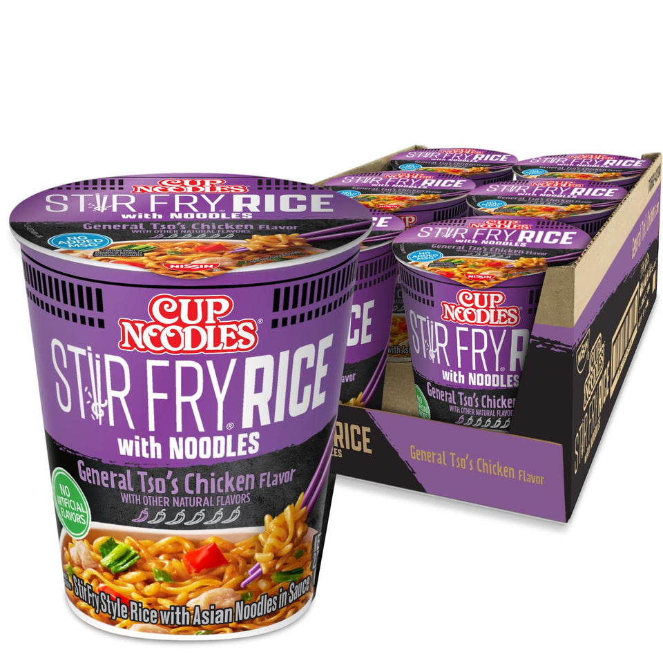 Nissin Cup Noodles Stir Fry Rice with Noodles General Tso's Chicken bowl for quick weeknight dinner