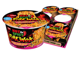 NISSIN Hot and Spicy Fire Wok bowl with shrimp for a quick, satisfying lunch.