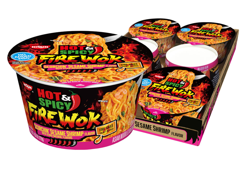 NISSIN Hot and Spicy Fire Wok bowl with shrimp for a quick, satisfying lunch.