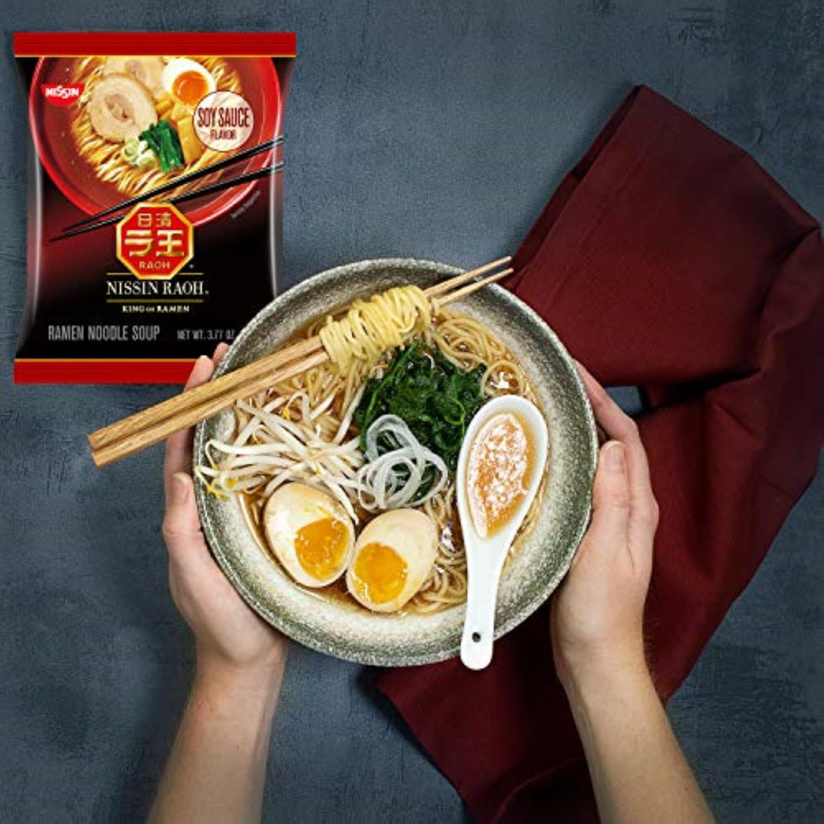 Nissin RAOH soy-sauce broth rich in umami for depth in every sip