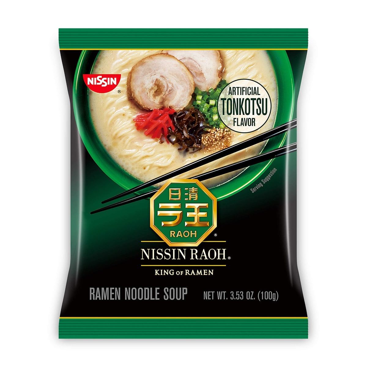 Nissin RAOH Tonkotsu ramen branded packaging on a kitchen counter.