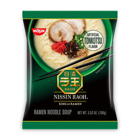Nissin RAOH Tonkotsu ramen branded packaging on a kitchen counter.