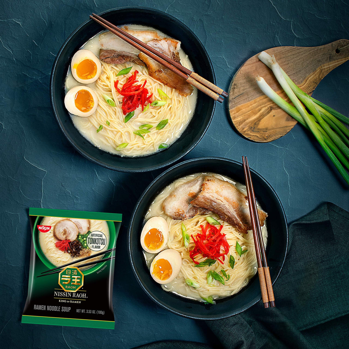 Nissin RAOH Tonkotsu ramen dining setup for a restaurant-quality home meal.