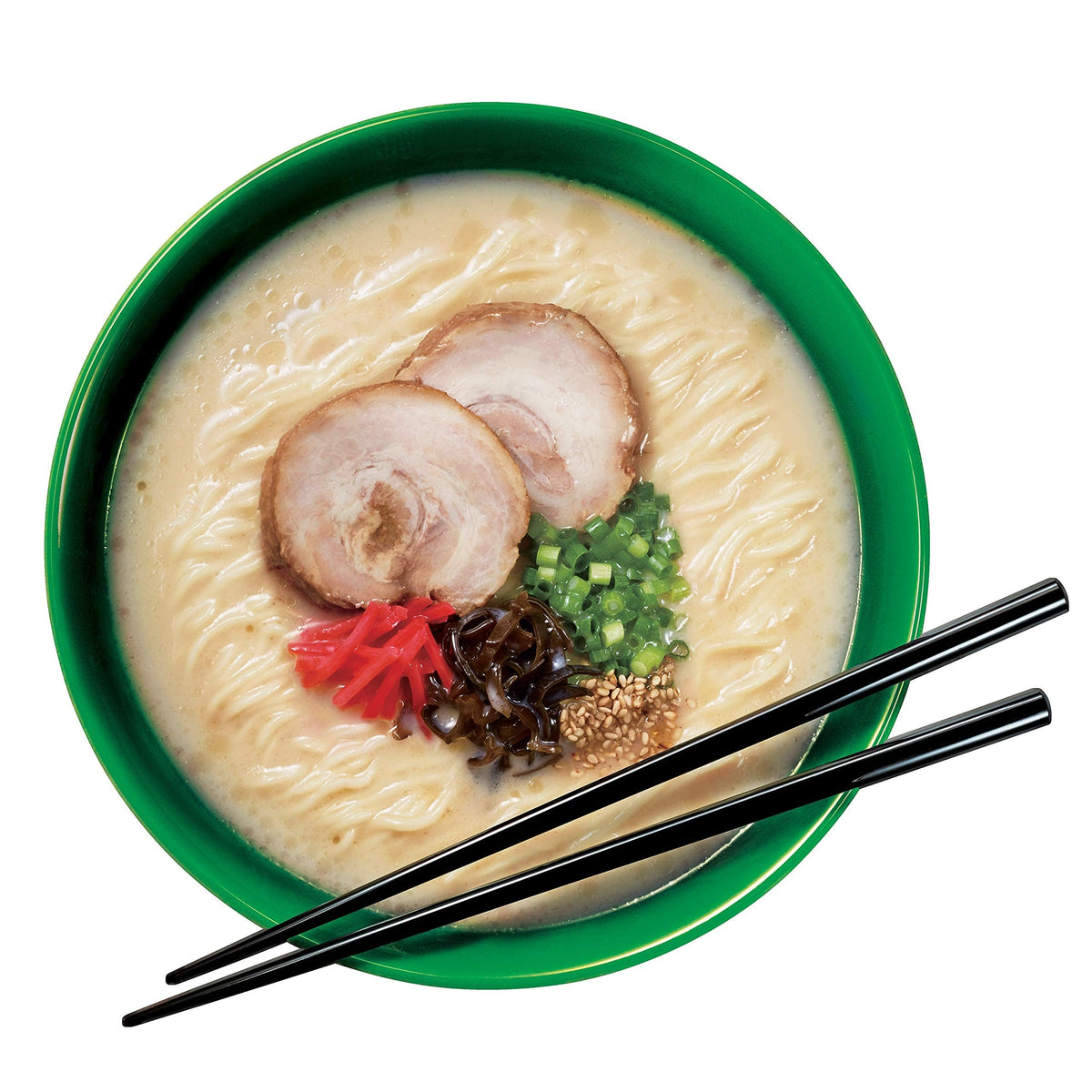 Nissin RAOH Tonkotsu ramen six-pack packaging for convenient meals.