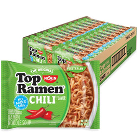 NISSIN Top Ramen Chili noodles pack ready for quick meals.