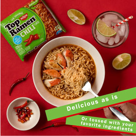 NISSIN Top Ramen Chili noodles in a ready-to-serve bowl.