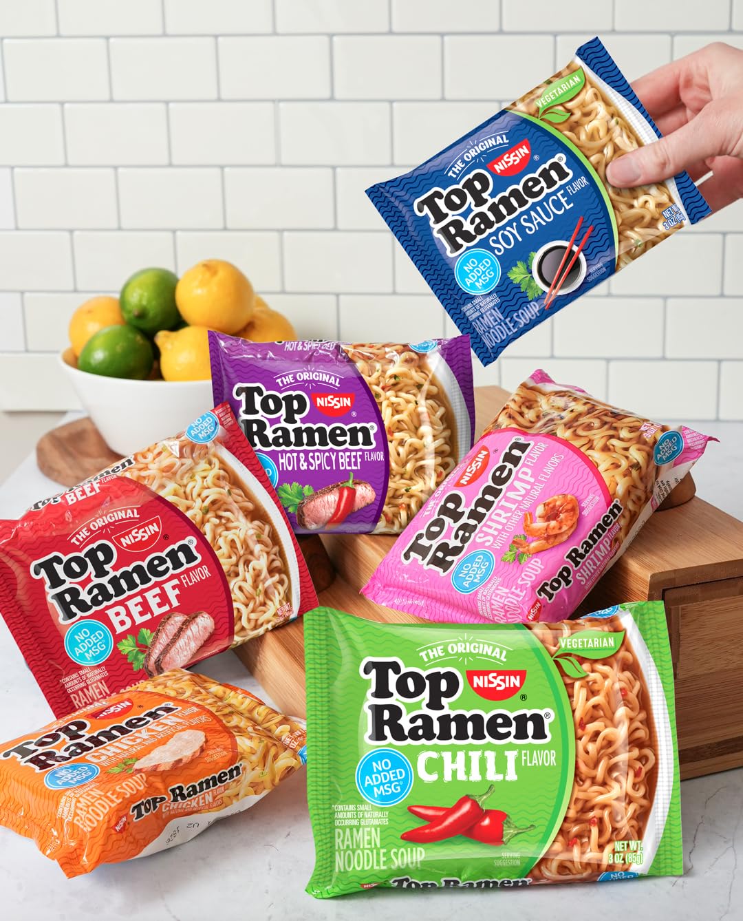 NISSIN Top Ramen Chili package close-up highlighting convenience.