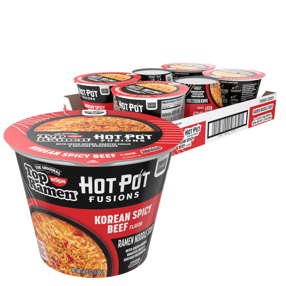 NISSIN Top Ramen Hot Pot Fusions Korean Spicy Beef bowl steaming, ready in minutes